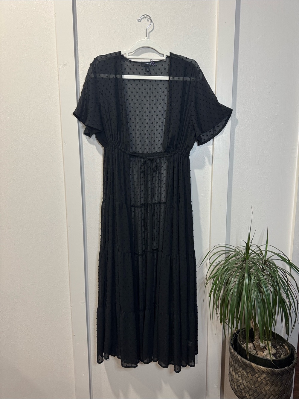 Torrid Black Swiss Dot Maxi Dress 00 1X Drawstring Waist Sheer Overlay